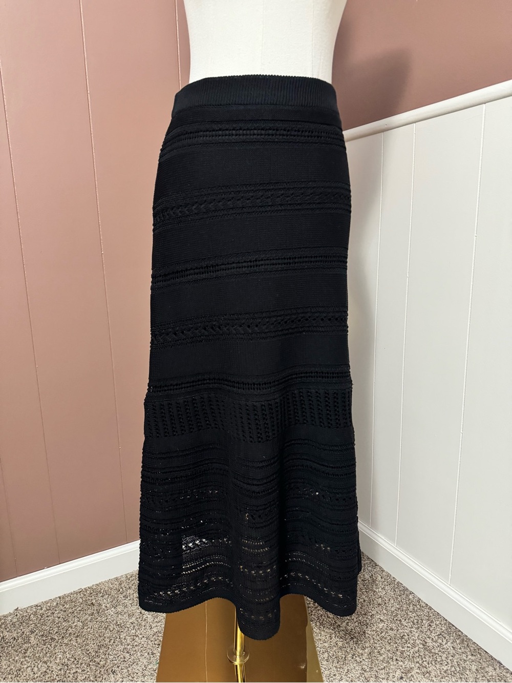Rene Derhy Black Crochet Midi Skirt Coastal Cowgirl Festival